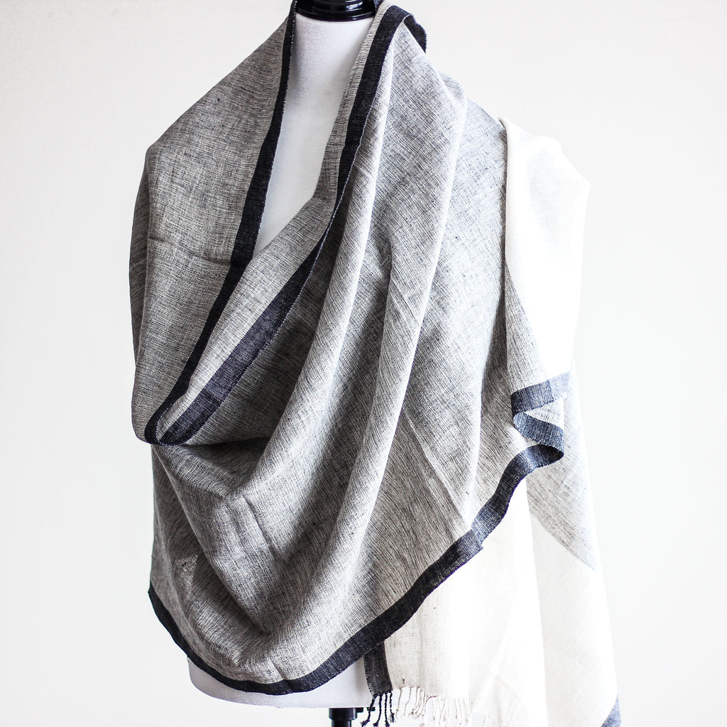 Organic Kala Cotton Wrap with Tassels Handwoven Genetically Pure Organic Cotton Scarf Cream Gray 23x84