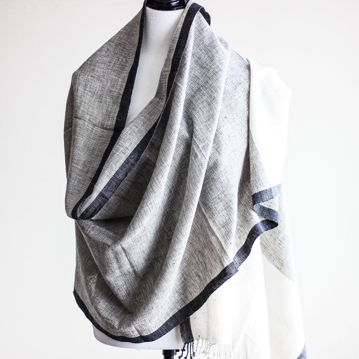 Organic Kala Cotton Wrap with Tassels Handwoven Genetically Pure Organic Cotton Scarf Cream Gray 23x84