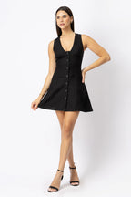 Linen Button Front Sleeveless Mini Dress with V Neck