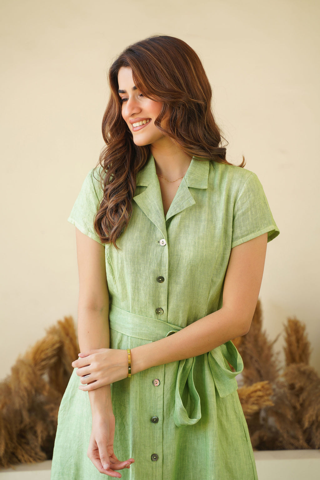 Sage Green Linen Button Down Dress with Lapel Collars Cap Sleeves Tie Belt Fit and Flare Dress