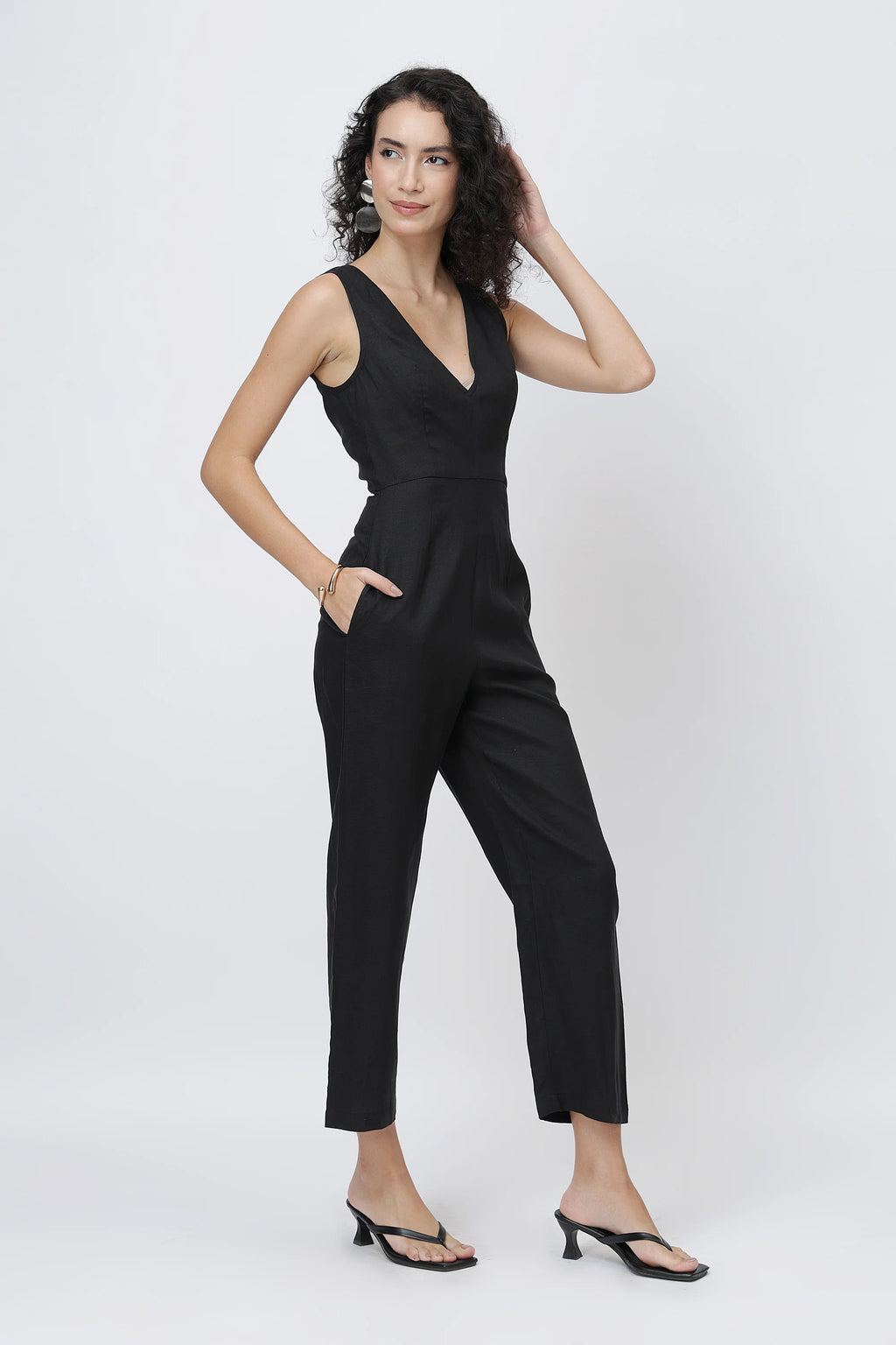 The Sculpted V Neck Linen Jumpsuit Pure European Linen