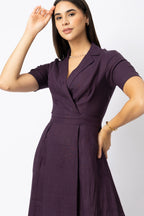 Linen Collared Wrap Style Midi Dress with Pleated Skirt
