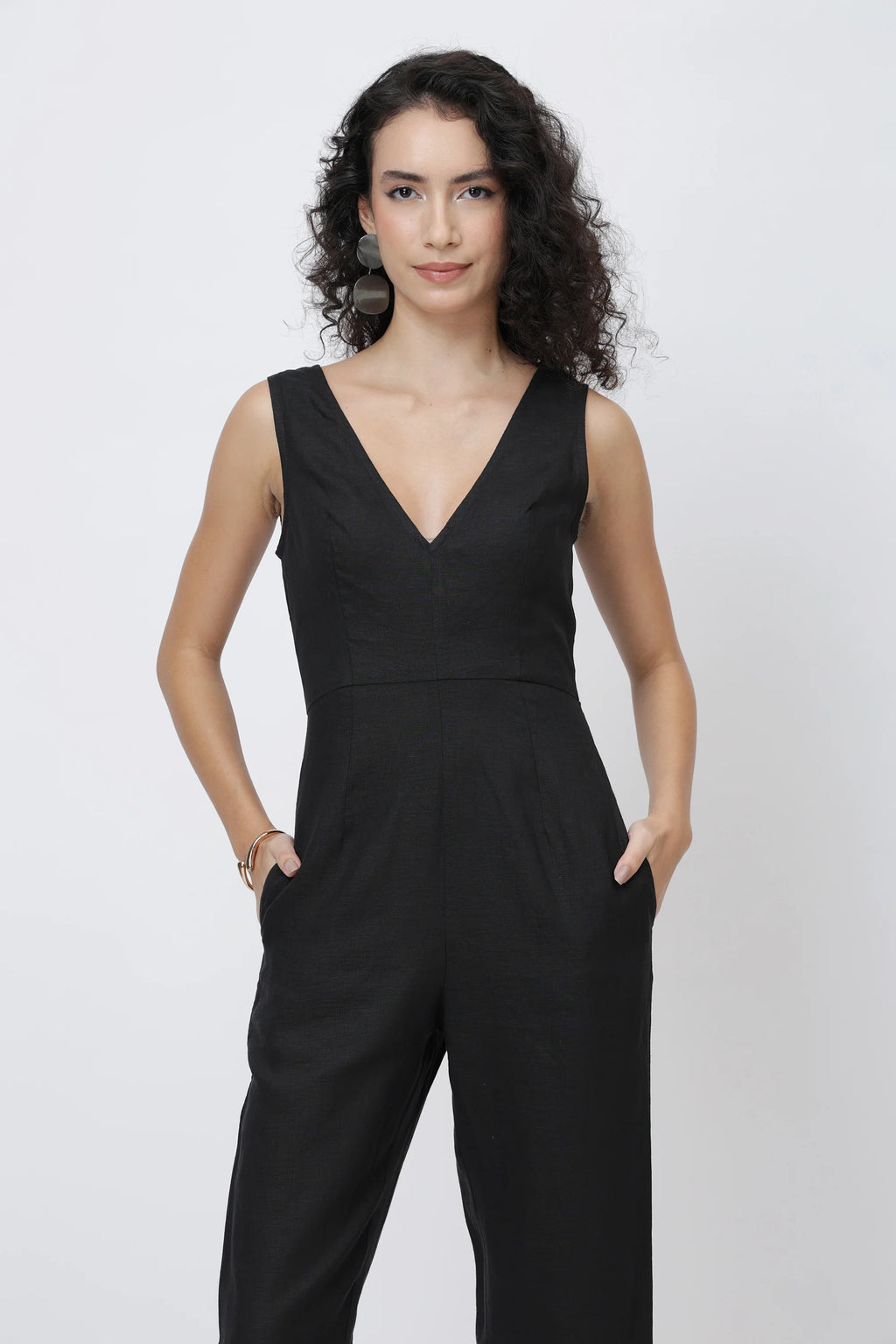 The Sculpted V Neck Linen Jumpsuit Pure European Linen