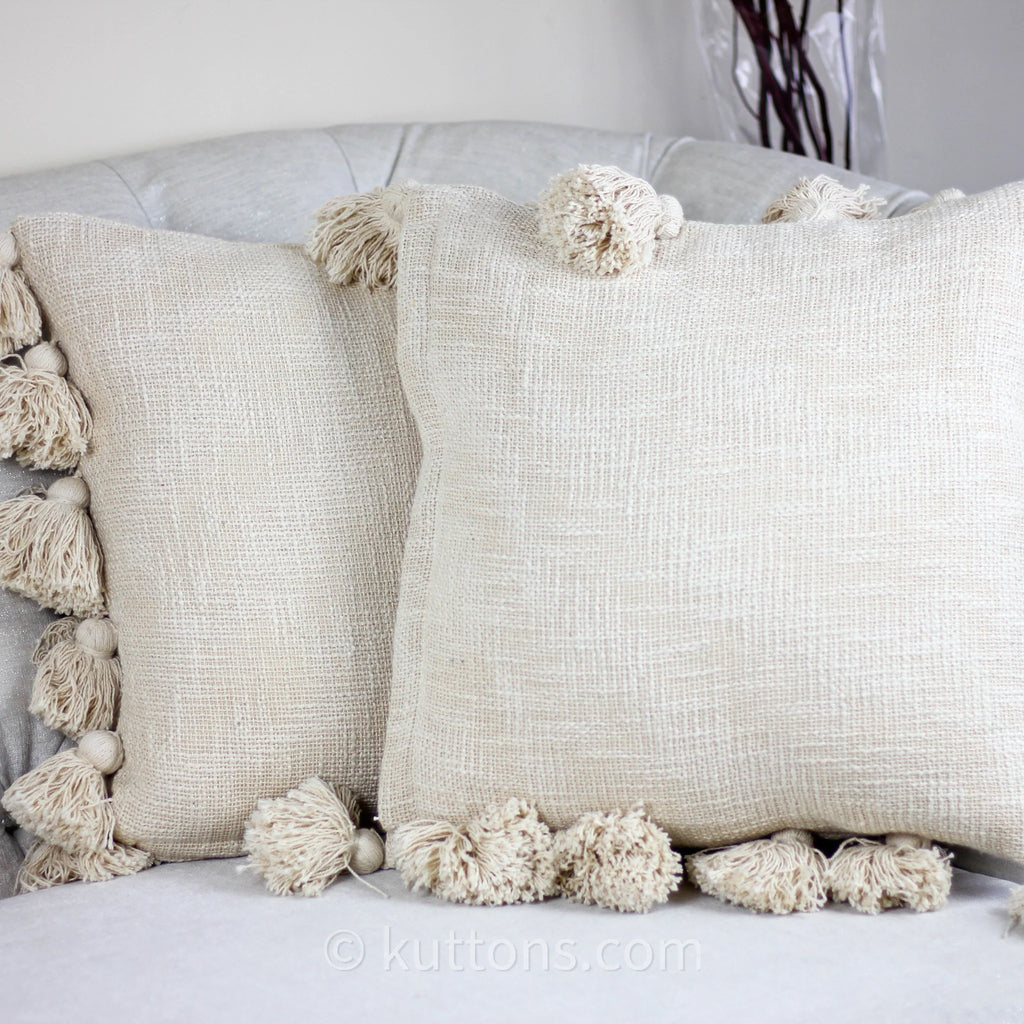 Handmade Textured Solid Cotton Pillow Cover With Large Side Tassels Cream 18x18 Square Single