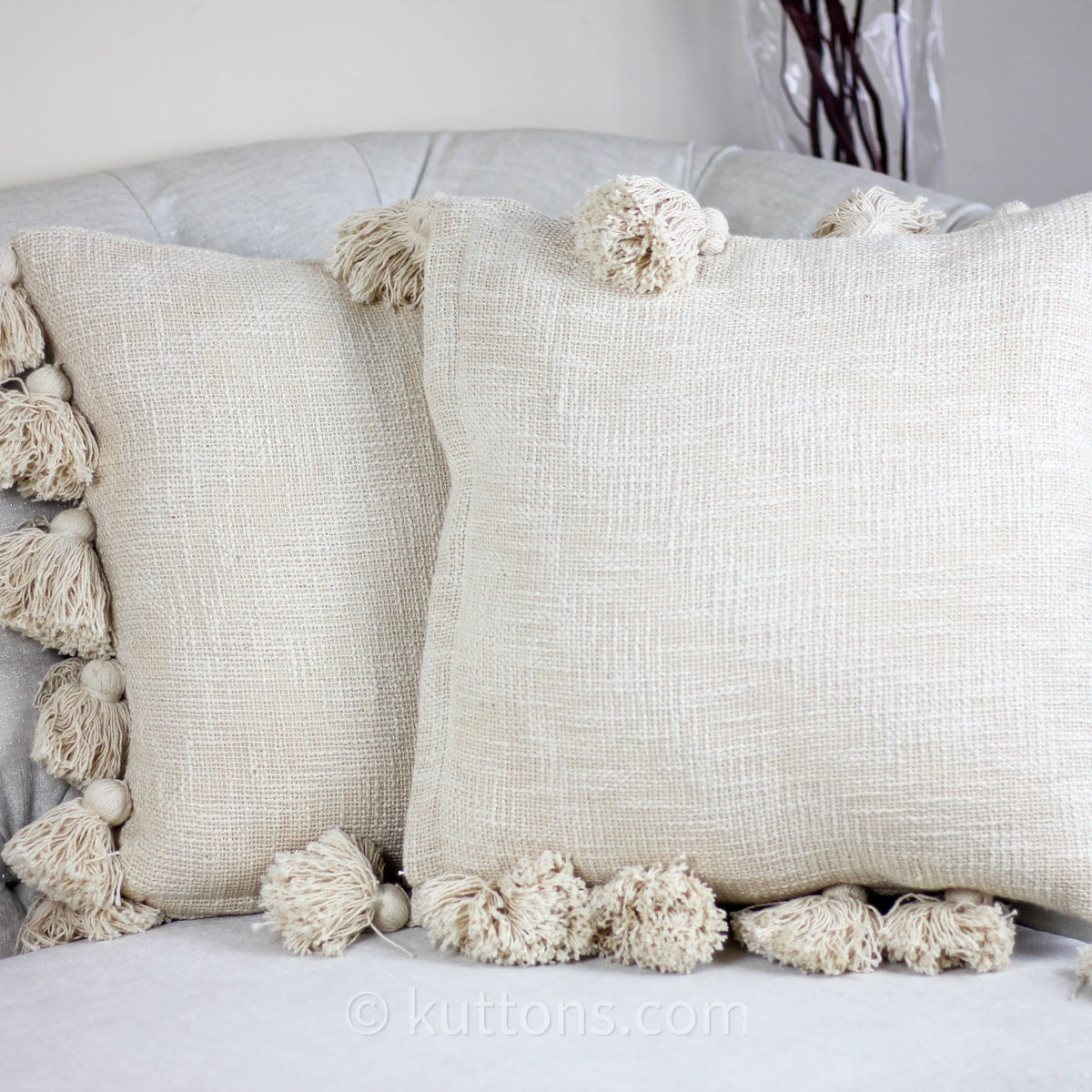 Handmade Textured Solid Cotton Pillow Cover With Large Side Tassels Cream 18x18 Square Single