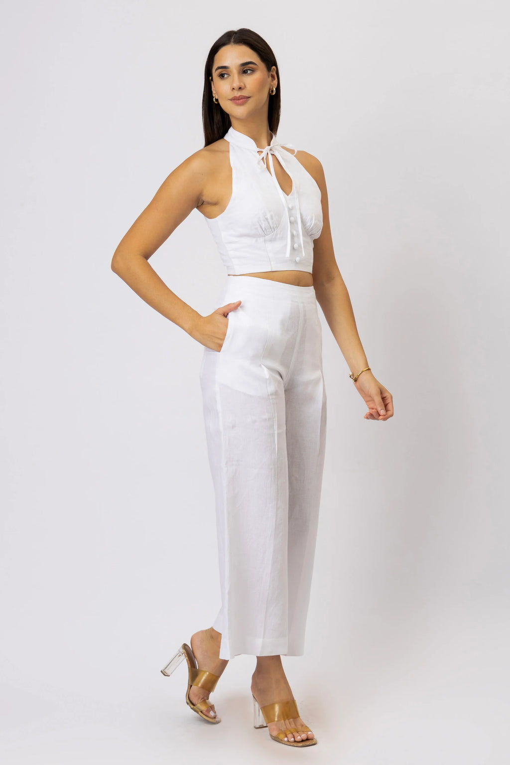 Celeste Linen Halter Top Tie Neck Fabric Covered Buttons