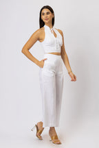 Celeste Linen Halter Top Tie Neck Fabric Covered Buttons