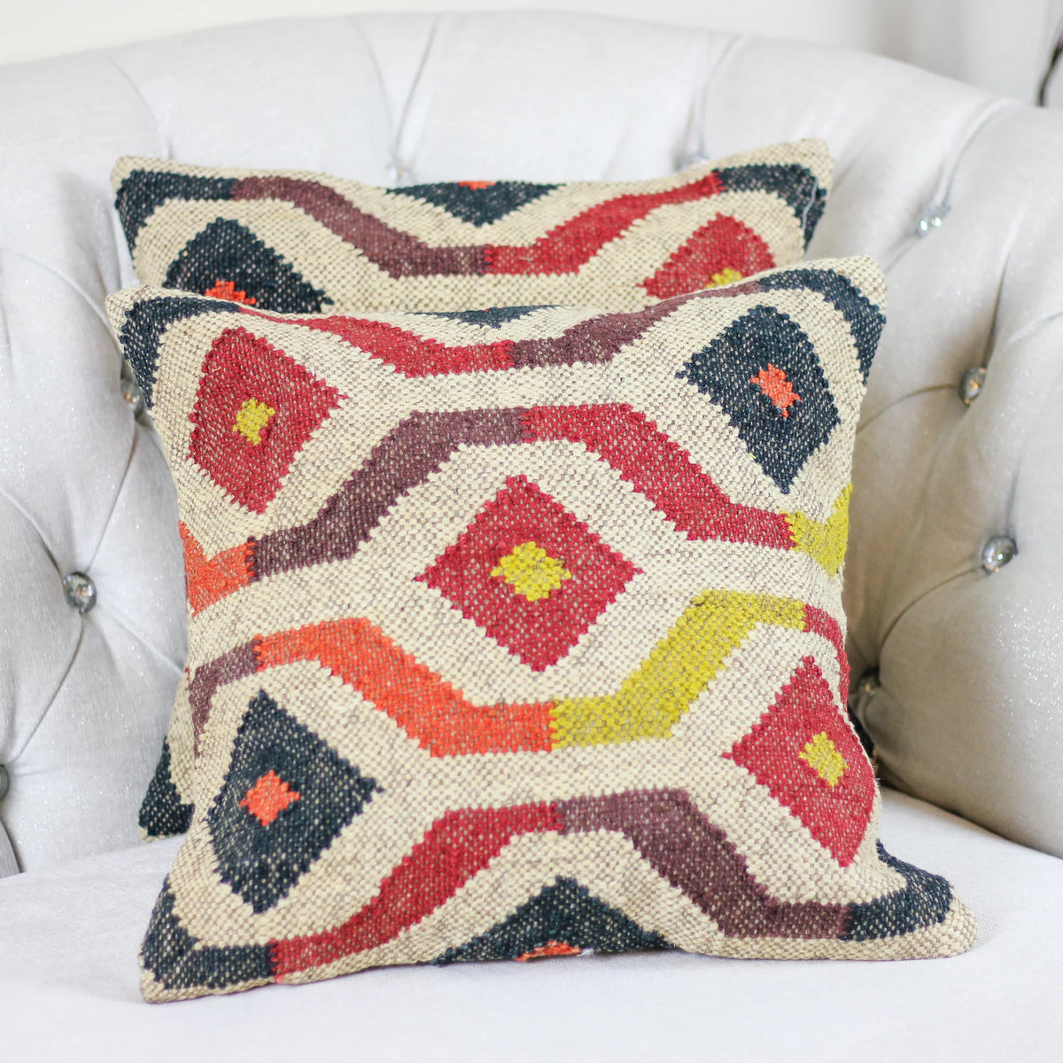 Handwoven Jute Cotton Boho Kilim Pillow Cover Sets Throw Pillows Cream Yellow Set of 2 Multiple Options 18x18