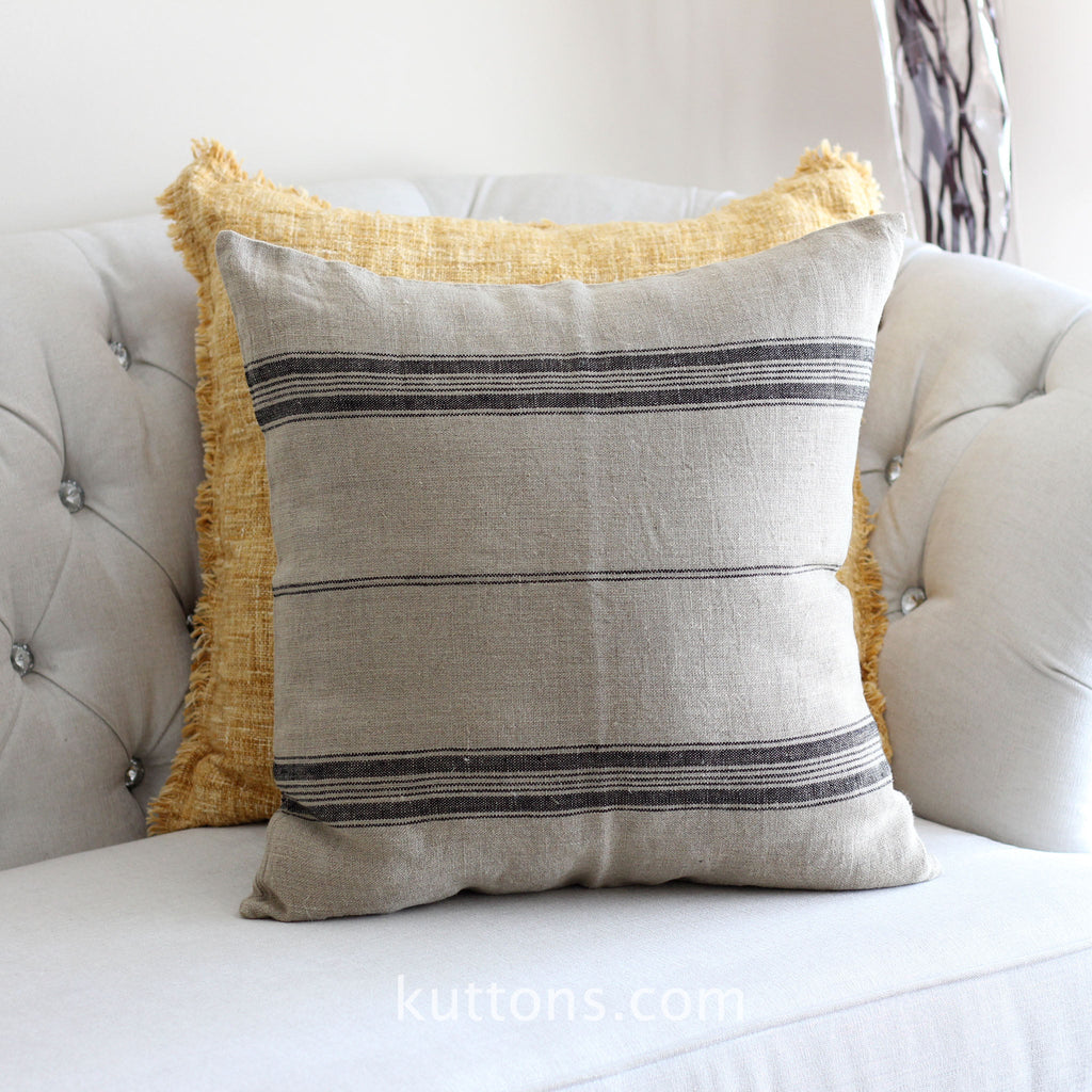 Handmade Natural Linen Cushion Cover Black Stripes Throw Pillow Brown 20x20