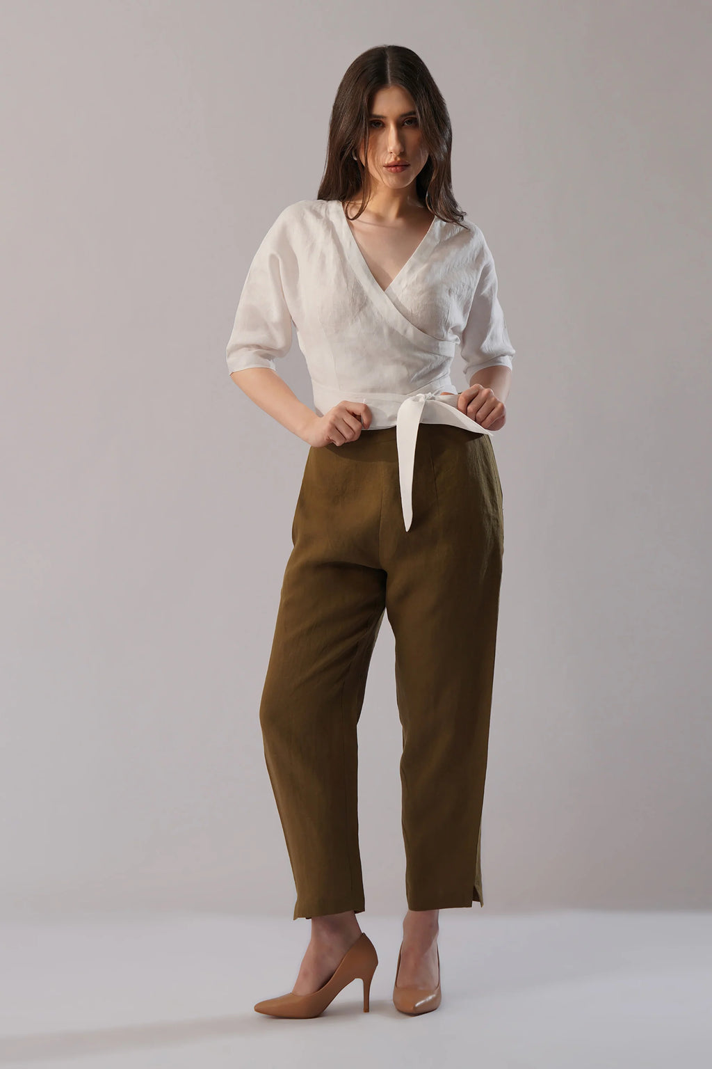 Linen Wrap Top Structured Wrap Linen Top with Tie Waist