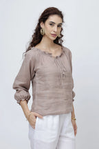 Signature Linen Tie Neck Top Soft Ruffle Collar Sleeves