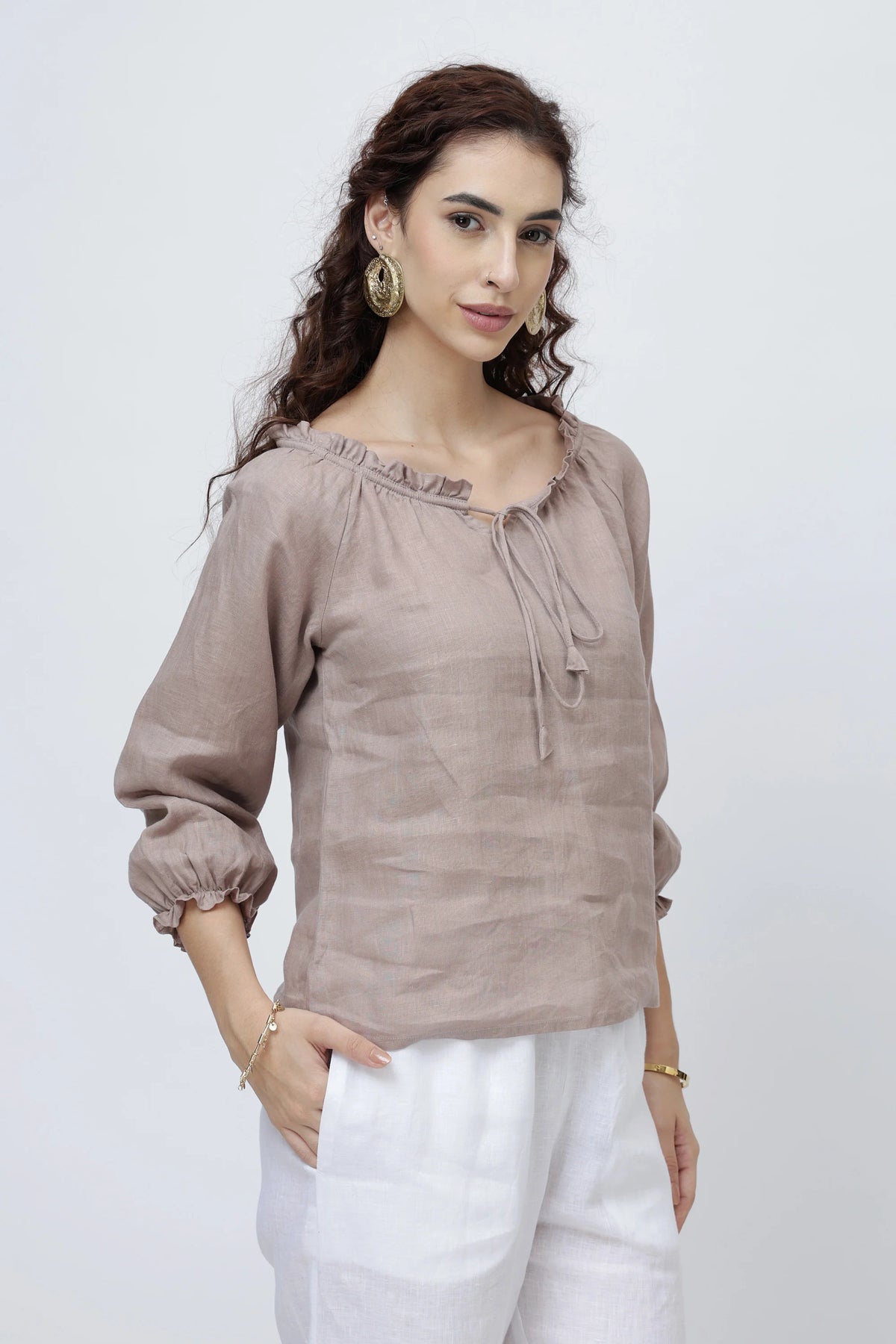 Signature Linen Tie Neck Top Soft Ruffle Collar Sleeves