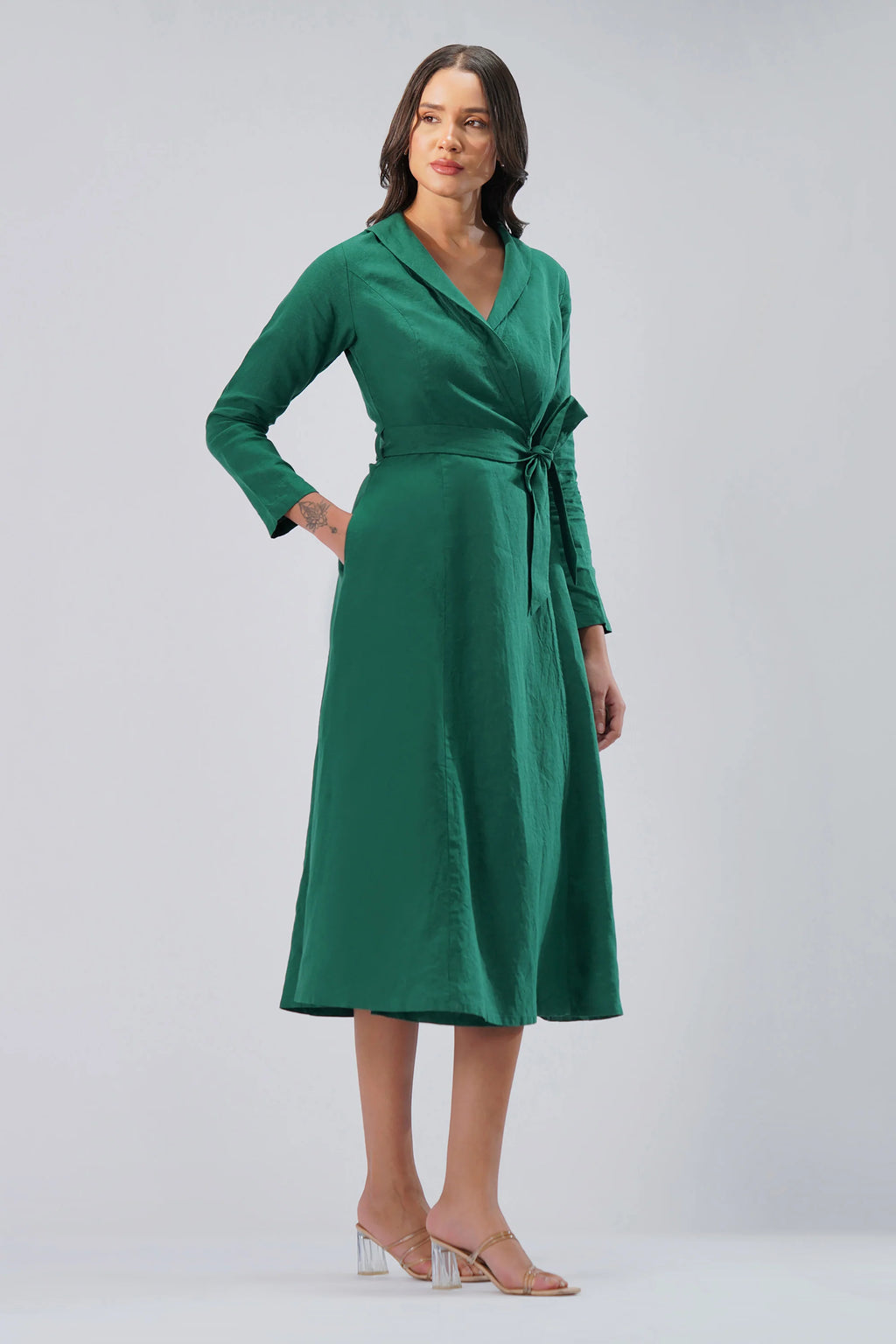 Wrap Linen Midi Dress with Collar Tie Waist Cross Over Waist Tailored Collar European Linen
