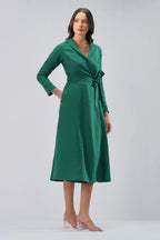 Wrap Linen Midi Dress with Collar Tie Waist Cross Over Waist Tailored Collar European Linen