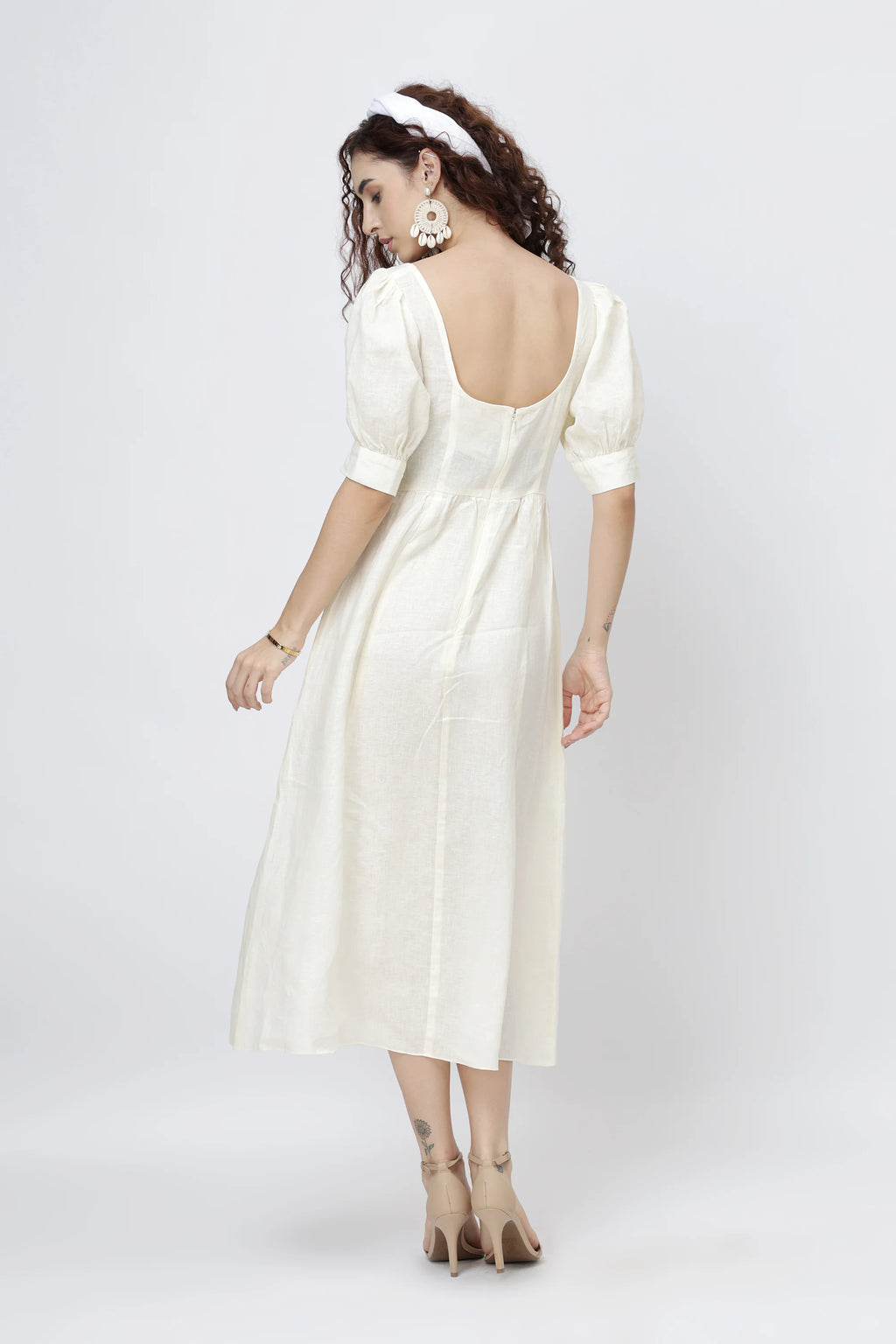 Square Neck Puff Sleeve Linen Midi Dress in Premium European Linen