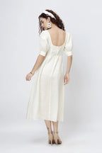 Square Neck Puff Sleeve Linen Midi Dress in Premium European Linen