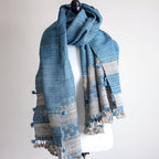 Tussar Silk Merino Wool Shawl with Tassels Handspun Handwoven Blue Golden Brown 40x82