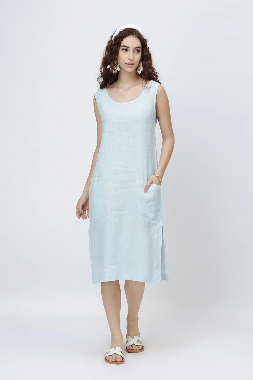 Sleeveless Linen Shift Dress European Linen Midi Dress with Pockets