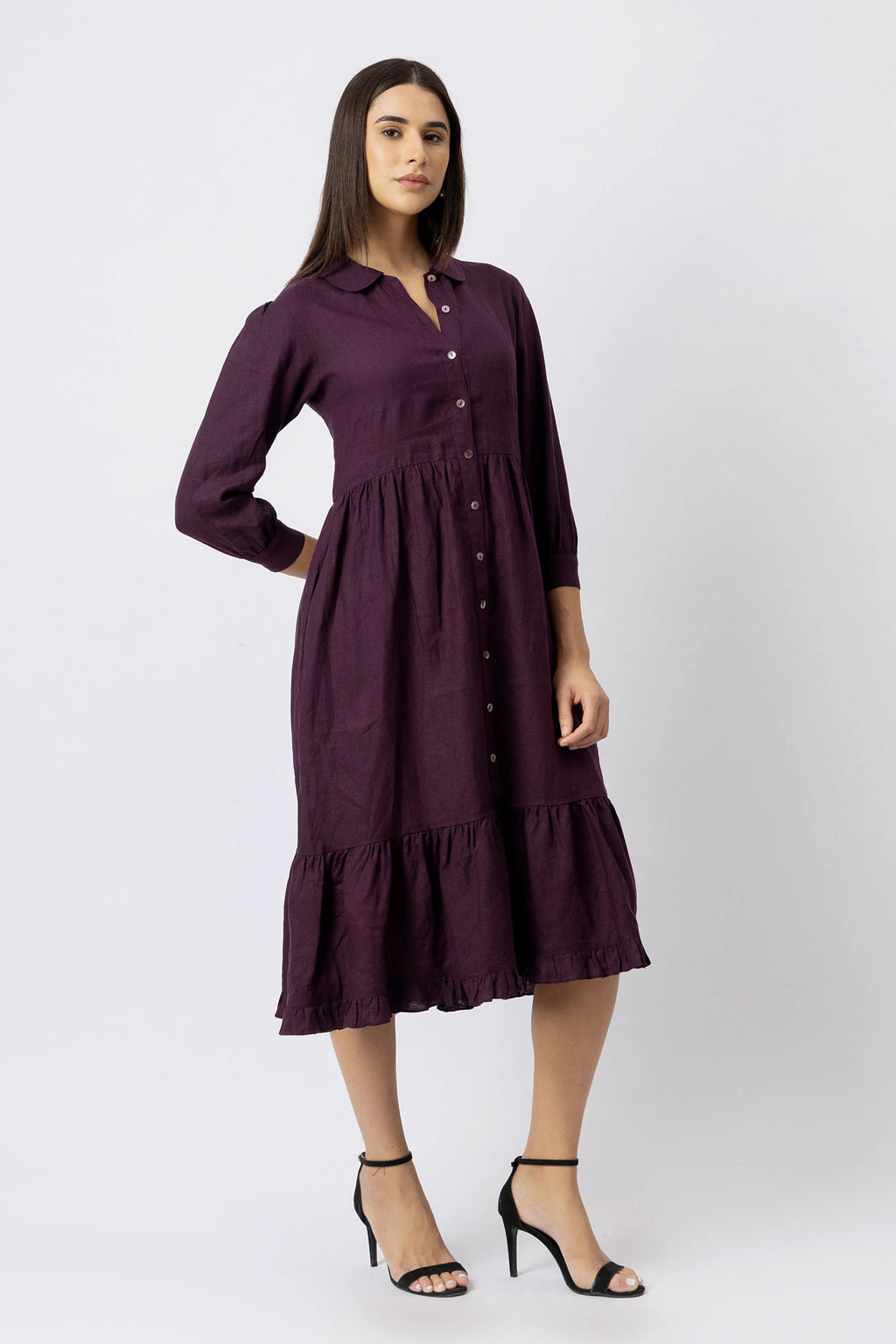 Tiered Button Front Midi Dress in European Linen Gathered Midi Shirt Dress
