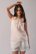 Sleeveless High Neck Linen Tank Top with Front Pleat