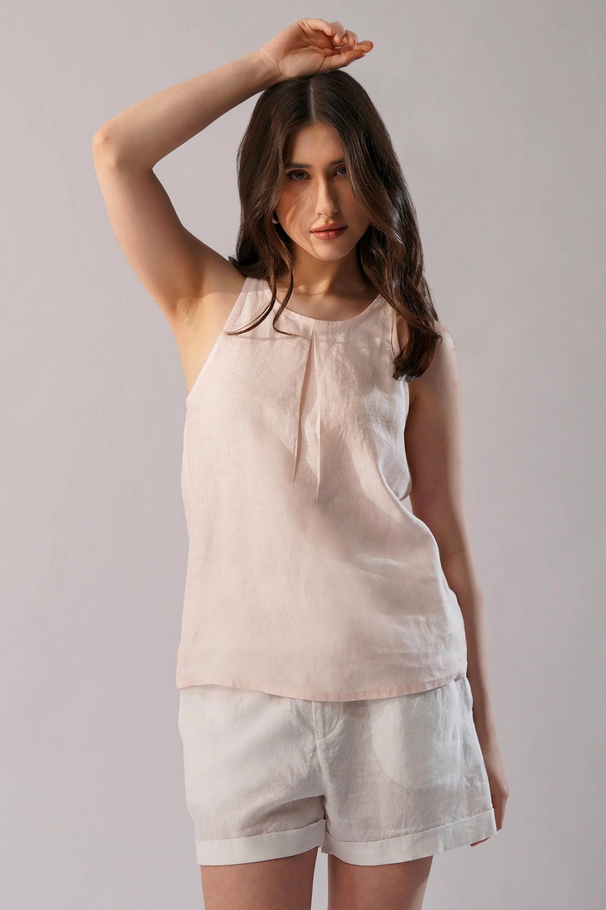Sleeveless High Neck Linen Tank Top with Front Pleat
