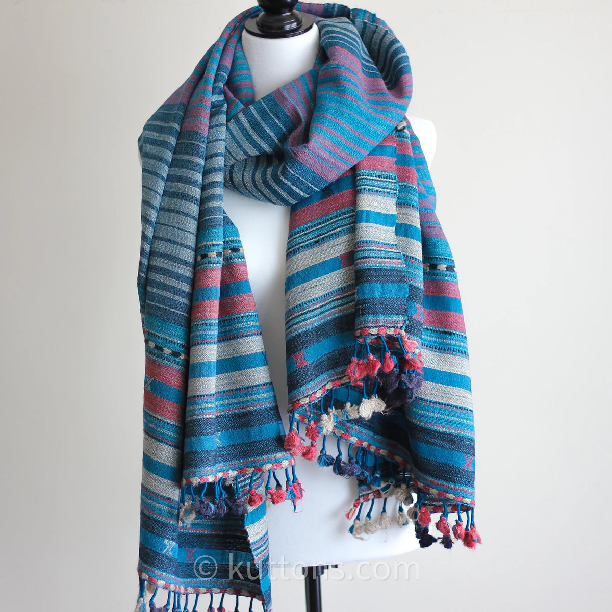 Handwoven Tussar Silk Merino Wool Shawl Long Tassels Striped Pattern Blue Pink 39x86