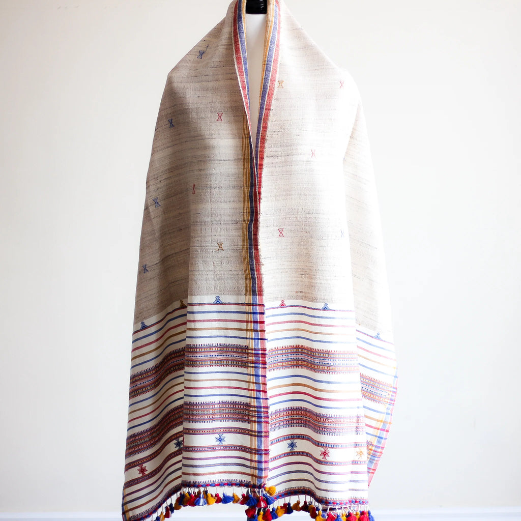 Handwoven Wrap from Handspun Tussar Silk Fine Cotton Colourful Tassels Beige Stole 24x86