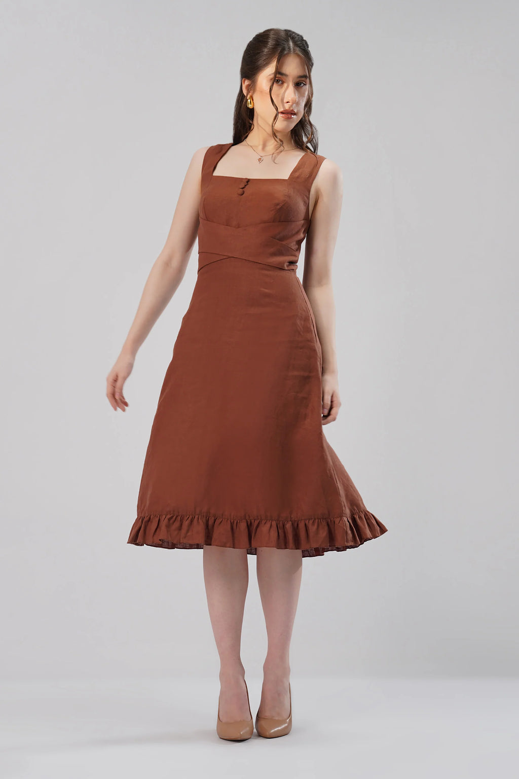 Structured Linen Midi Dress Square Neck Sculpted Waist