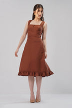 Structured Linen Midi Dress Square Neck Sculpted Waist