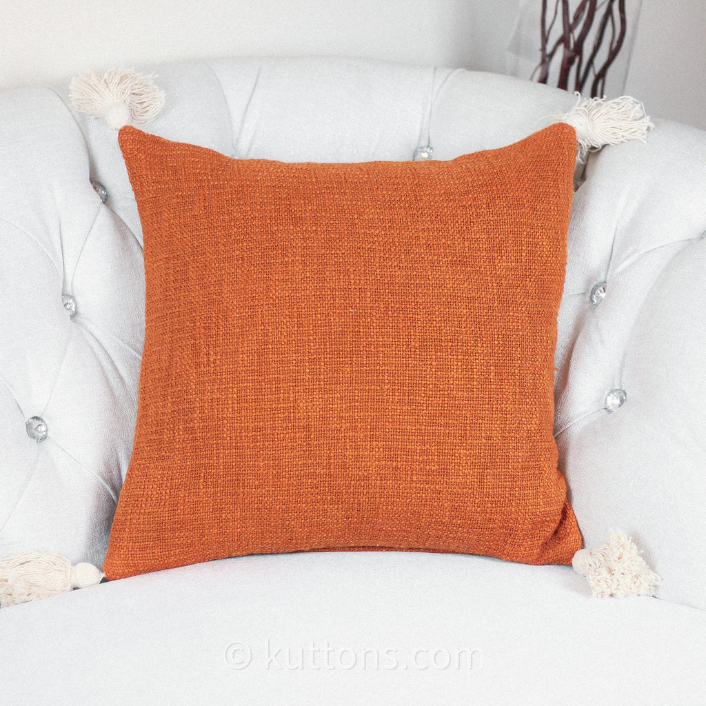 Hand Woven Solid Textured Cotton Throw Pillow Cover With Decorative Corner Tassels Rusted Orange 18x18