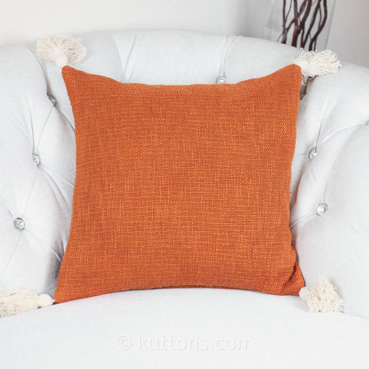 Hand Woven Solid Textured Cotton Throw Pillow Cover With Decorative Corner Tassels Rusted Orange 18x18