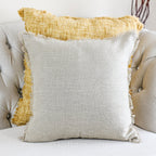 Handmade Linen Cushion Cover With Shiny Lurex Fringes Cream 20x20