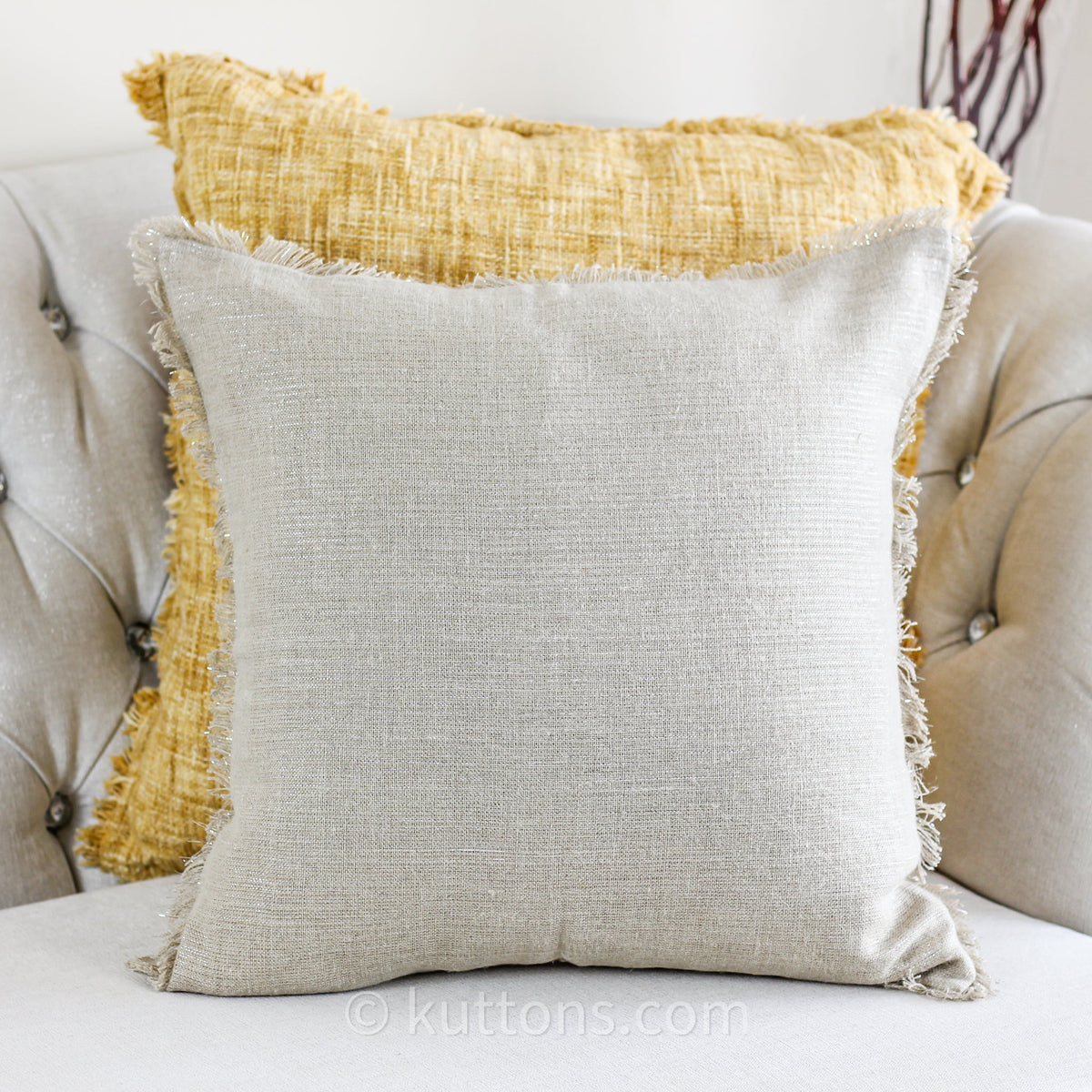Handmade Linen Cushion Cover With Shiny Lurex Fringes Cream 20x20