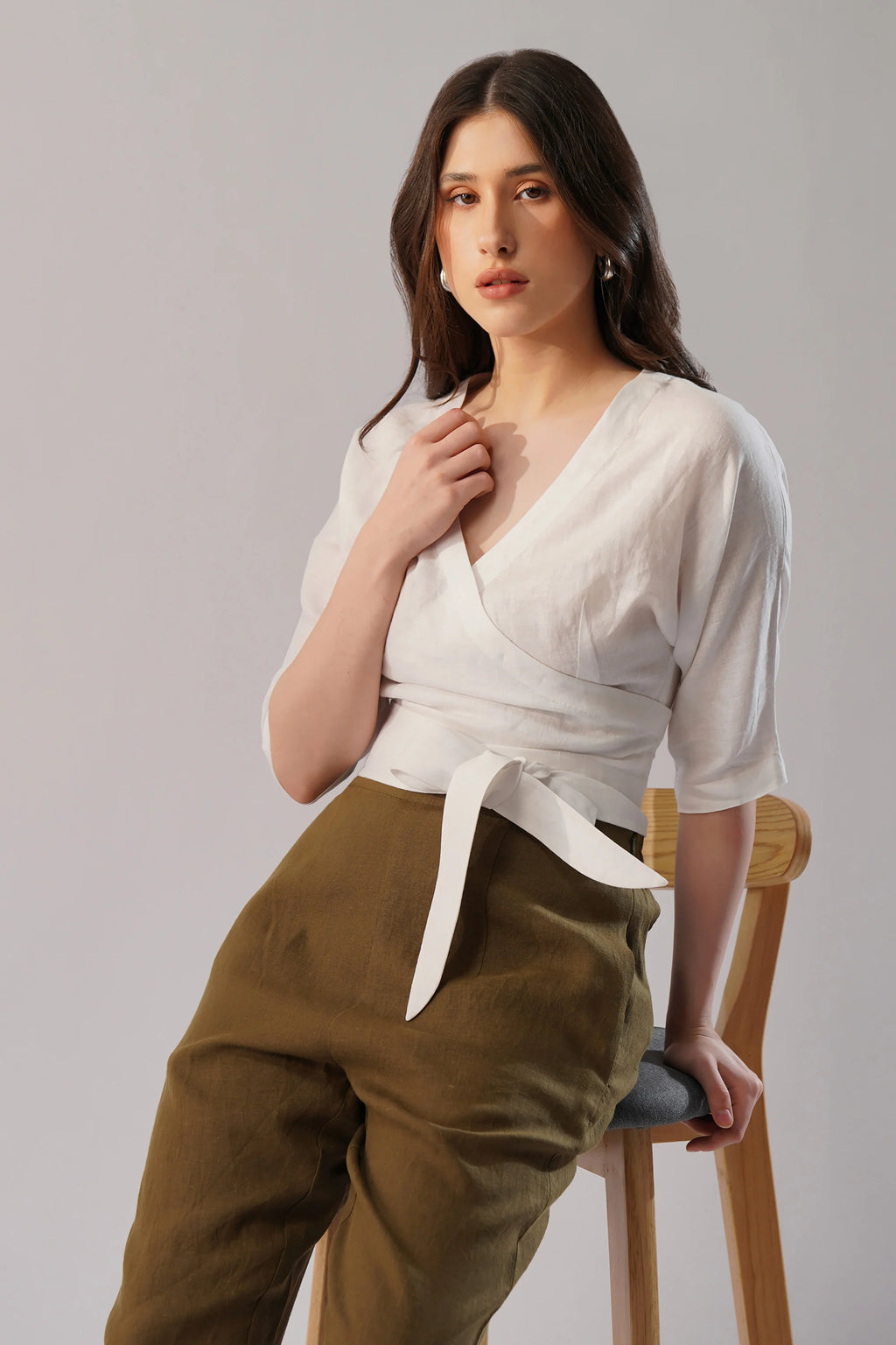 Linen Wrap Top Structured Wrap Linen Top with Tie Waist