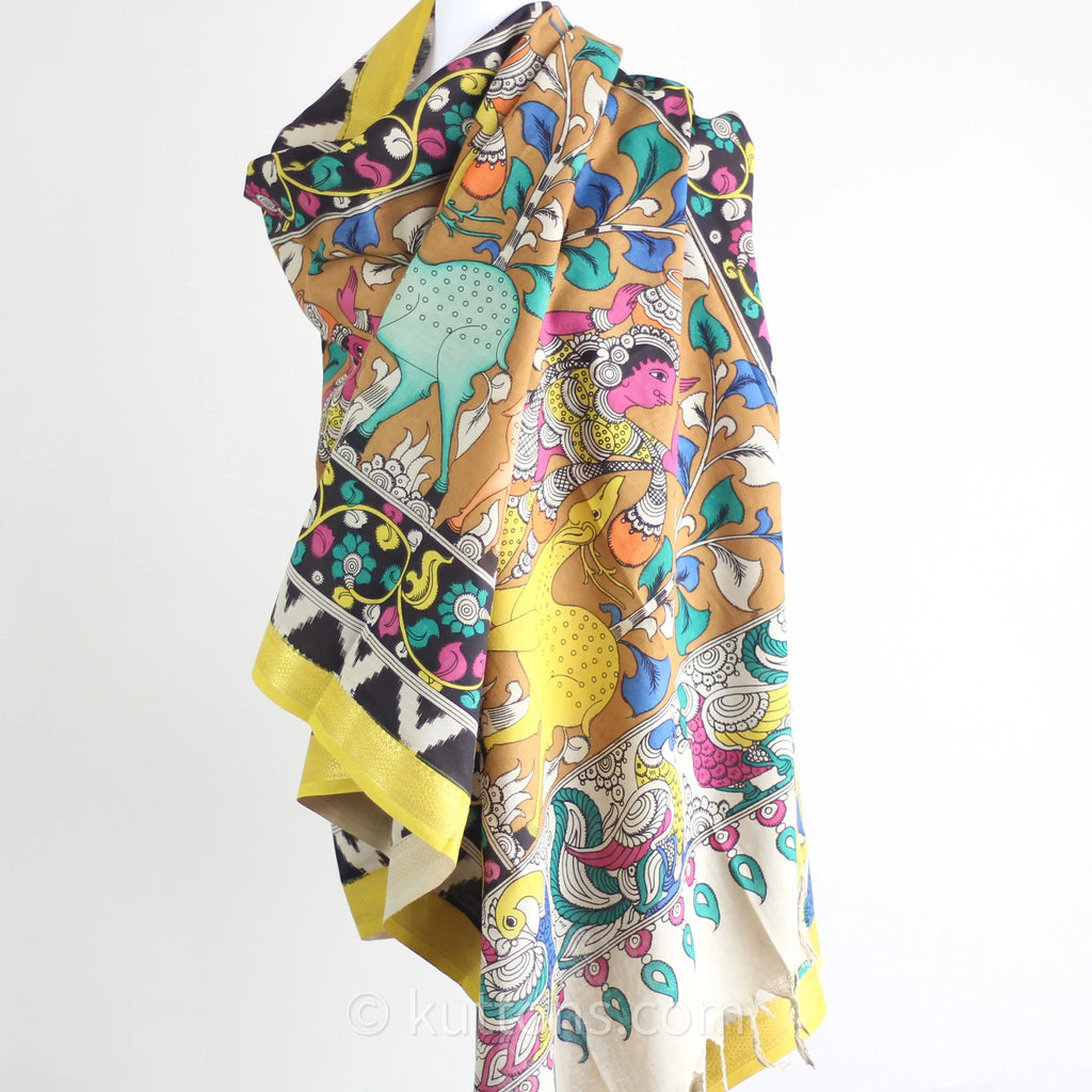 Hand Painted Kalamkari Cotton Wrap Cum Art Decor Depicting Ethnic Women with Deers Natural Colours Multicolour 36x94