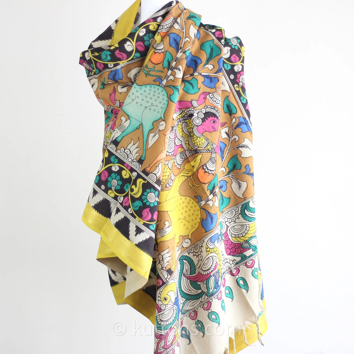 Hand Painted Kalamkari Cotton Wrap Cum Art Decor Depicting Ethnic Women with Deers Natural Colours Multicolour 36x94