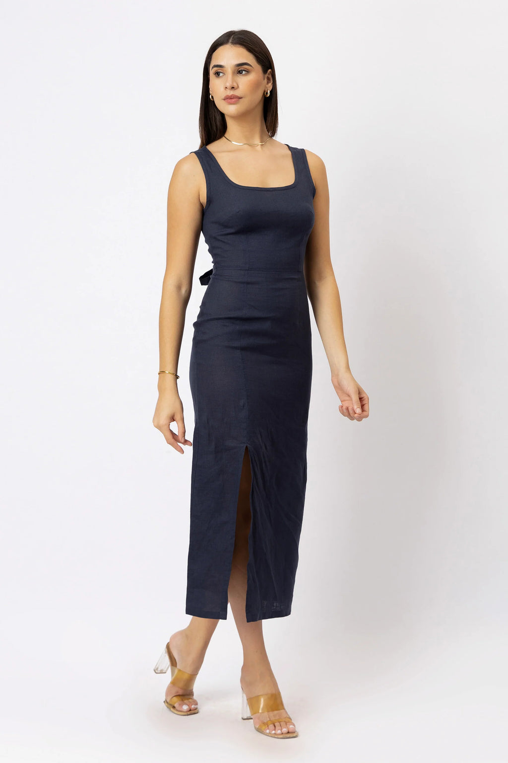 Fitted Square Neck European Linen Midi Dress with Back Tie