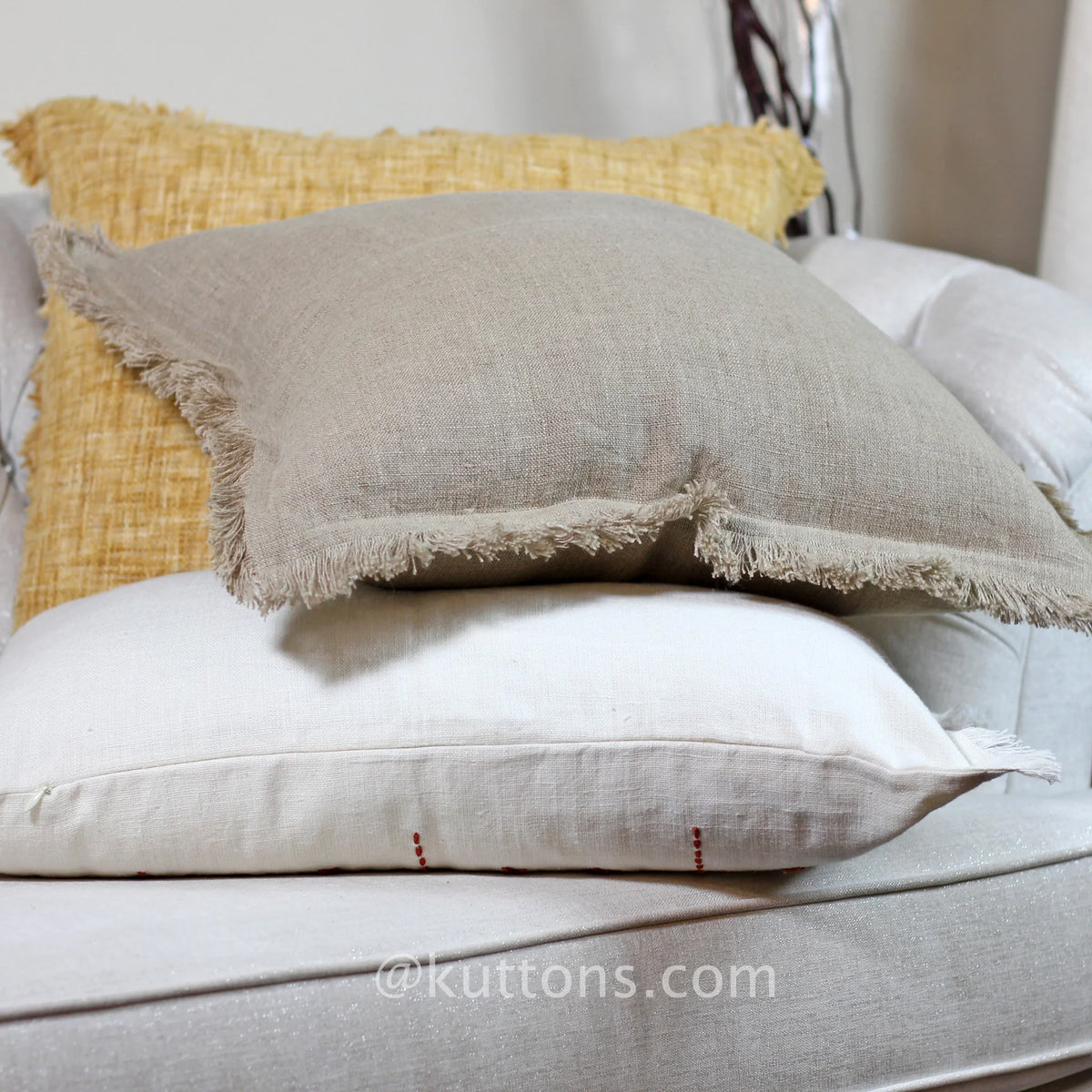 Handcrafted Linen Throw Pillow Cover Rich Luxurious Fringes Natural Brown Cushion 20x20