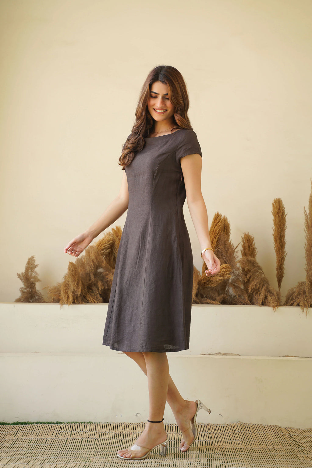 Brown Bliss Linen Dress with Cap Sleeves Boat Neck Princess Seams Short Linen Tunic Dress