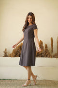 Brown Bliss Linen Dress with Cap Sleeves Boat Neck Princess Seams Short Linen Tunic Dress