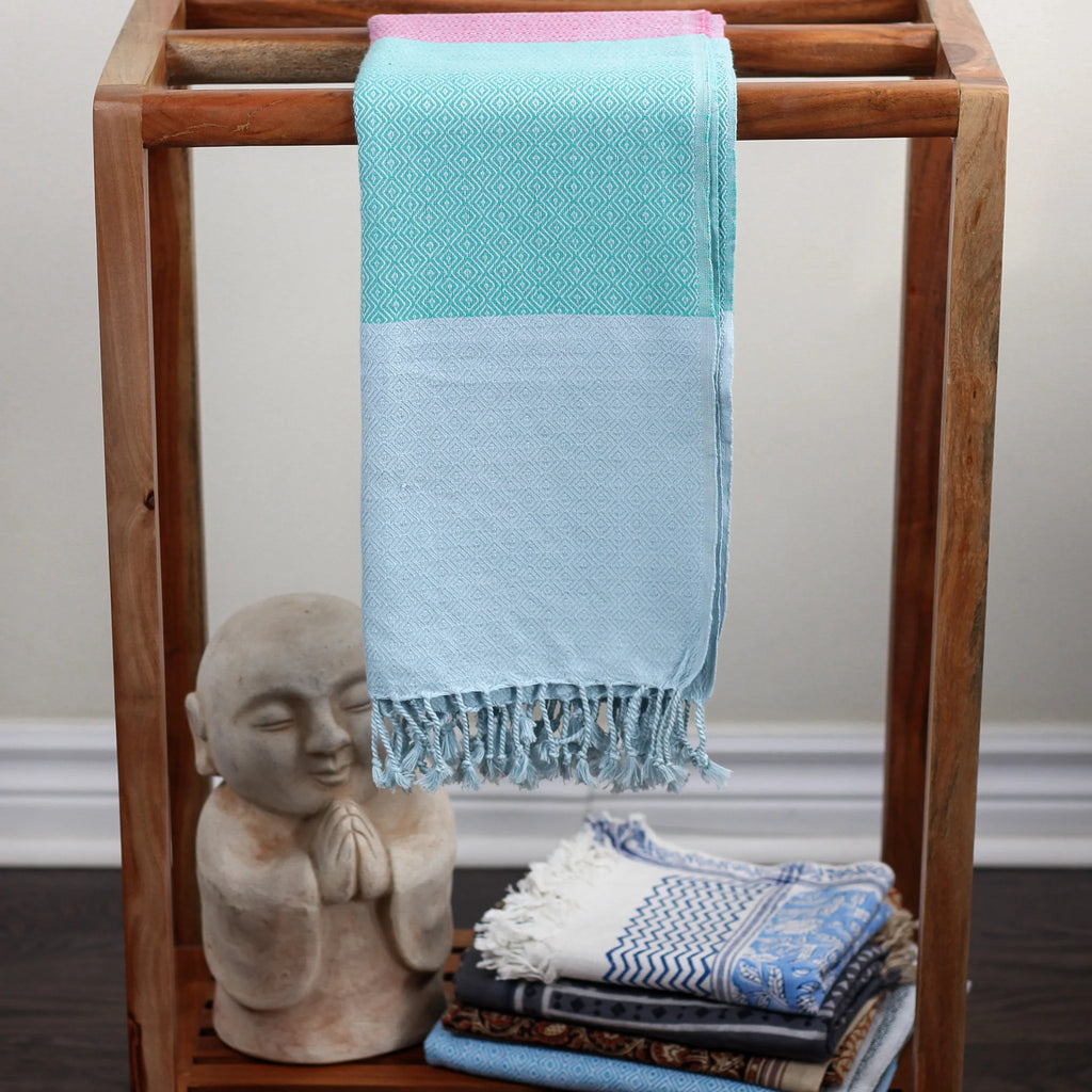 Handloom Cotton Beach Towel with Tassels Red Blue Green 32x64