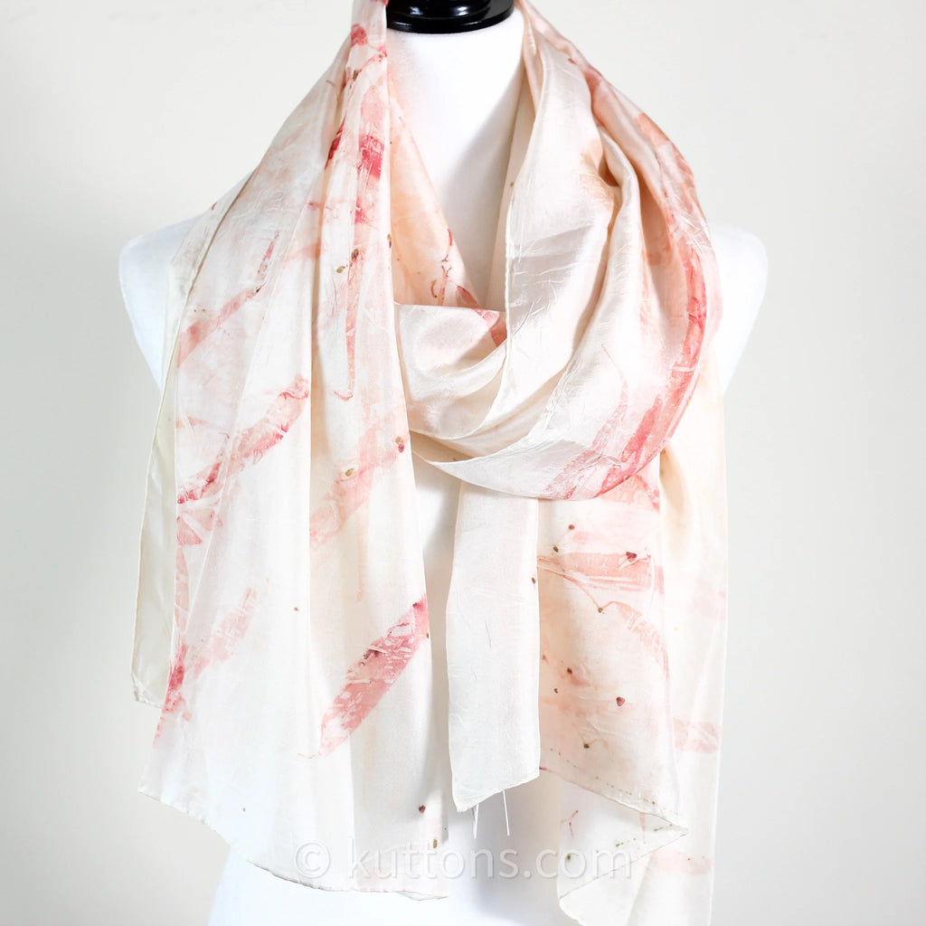 Natural Mulberry Silk Stole Eco Printed with Red Eucalyptus Leaves Featherweight Scarf Pink 21x72