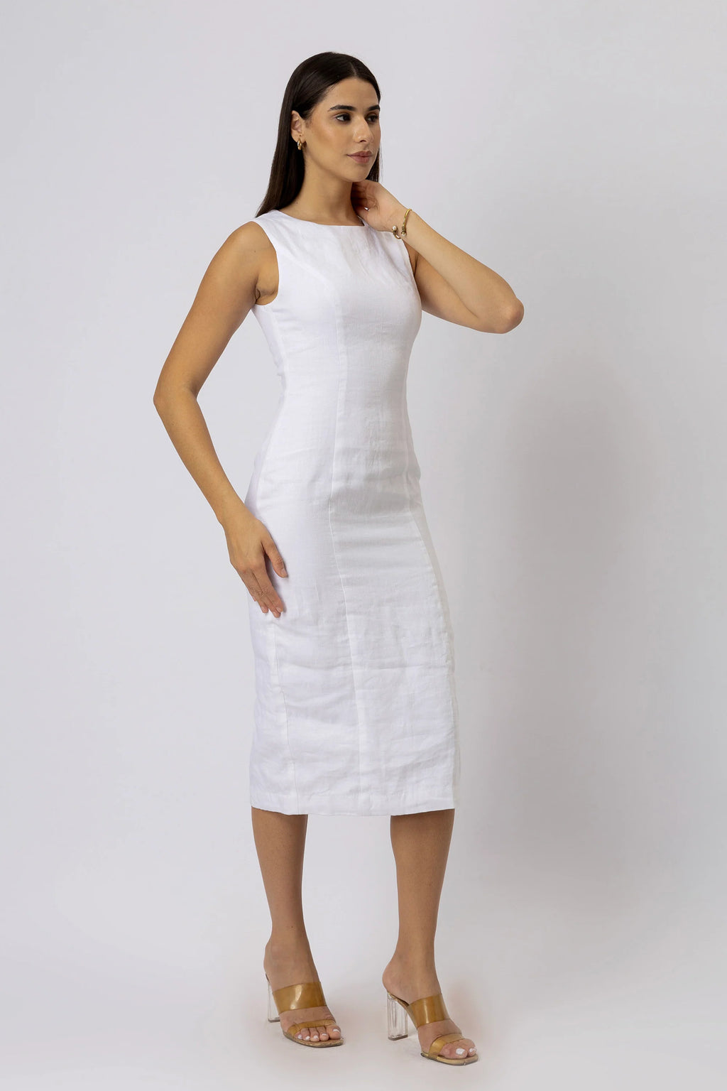 European Linen Boat Neck Sleeveless Sheath Midi Dress