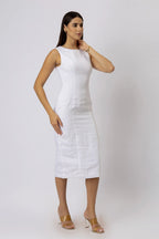 European Linen Boat Neck Sleeveless Sheath Midi Dress