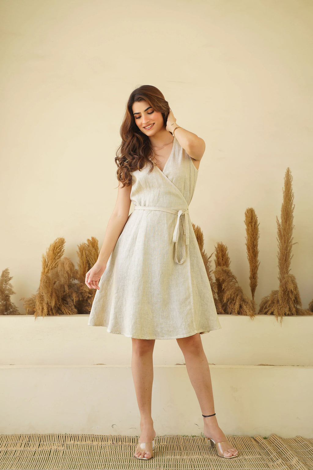 Luxe Sleeveless Linen Wrap Dress Comfy V Neck Mini Linen Dress with Tie Belt Pockets Pistachio