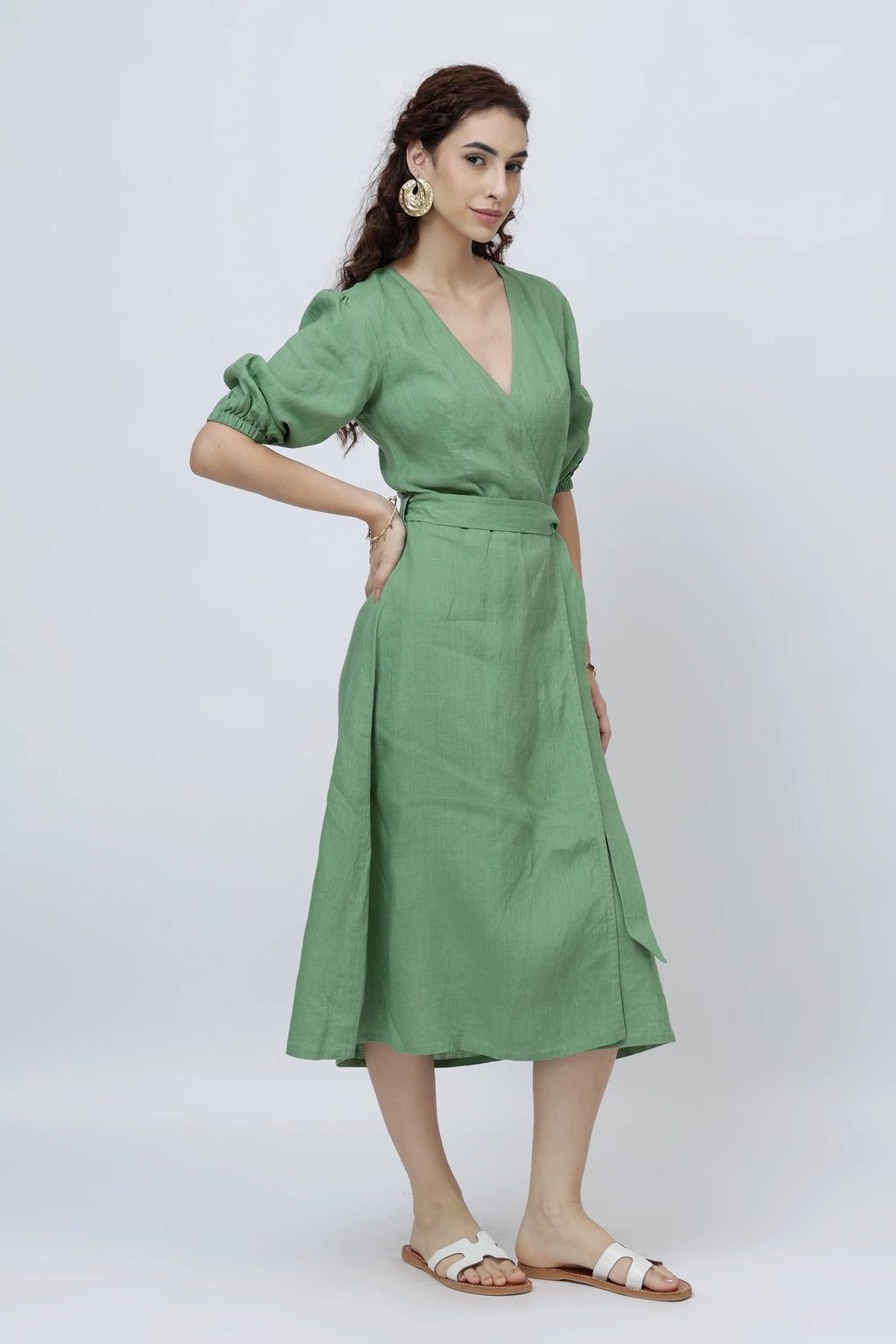 The Elegant Linen Wrap Midi Dress Puff Sleeves