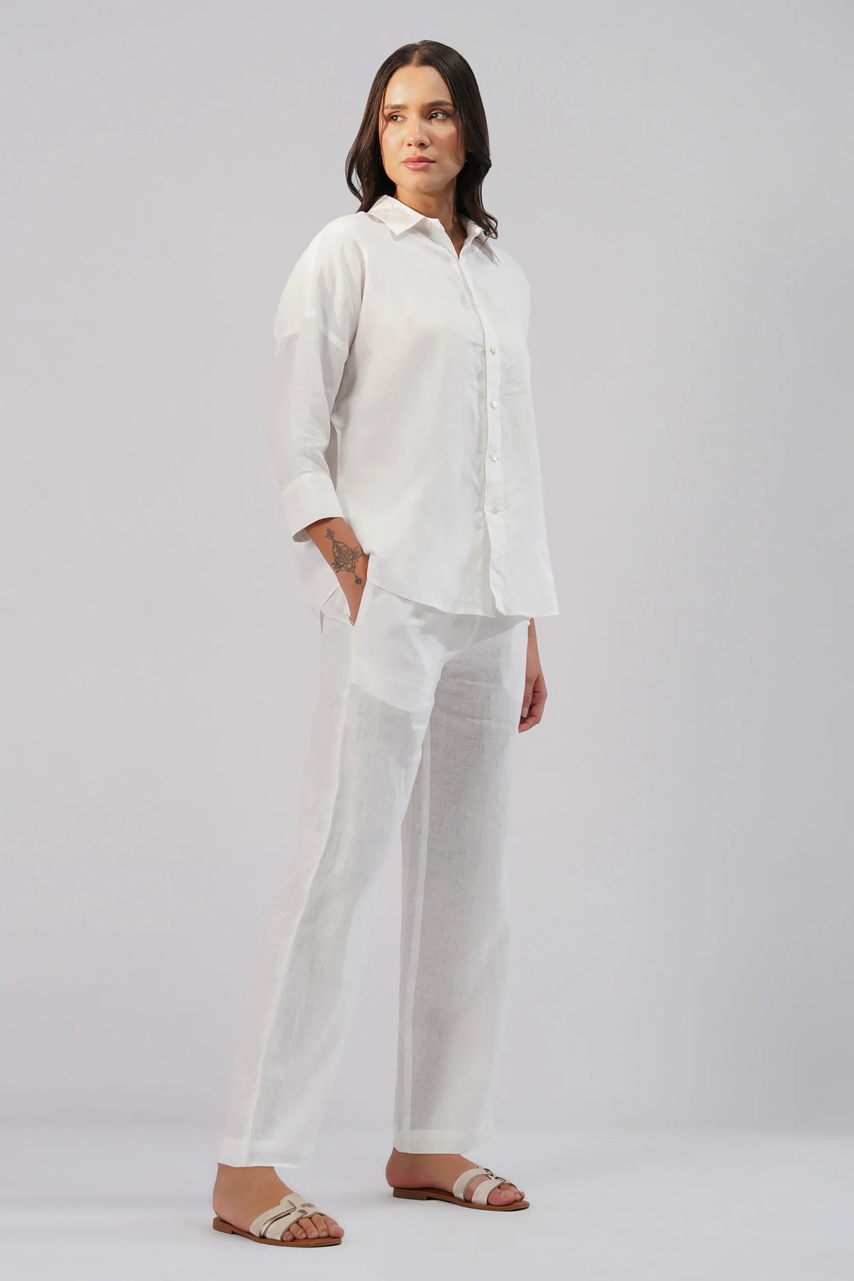 Linen Straight Leg Pants Adjustable Tie Waist Relaxed Fit