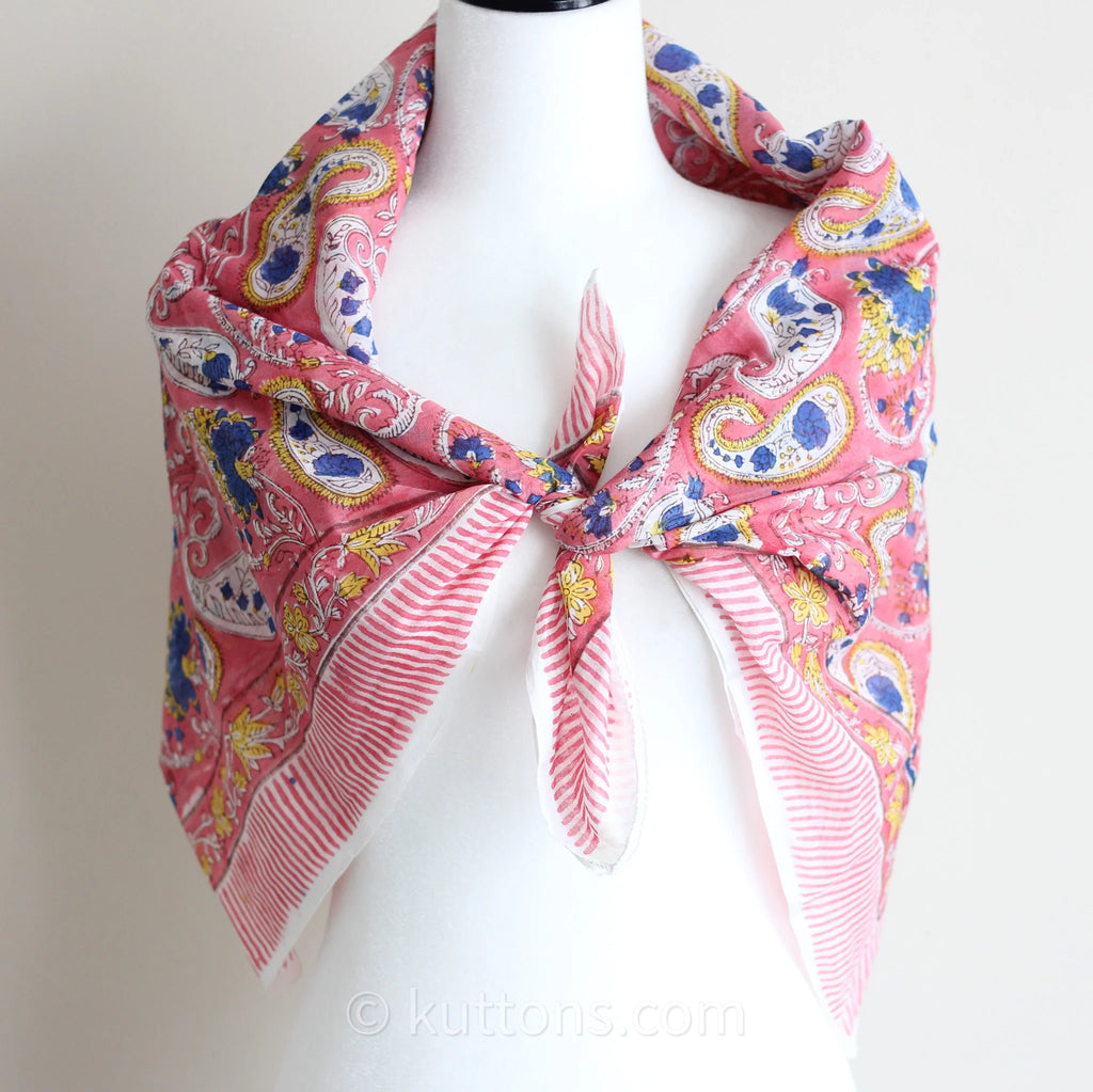 Soft Mul Cotton Bandana Scarf Sanganeri Hand Block Printed Pink 45x44
