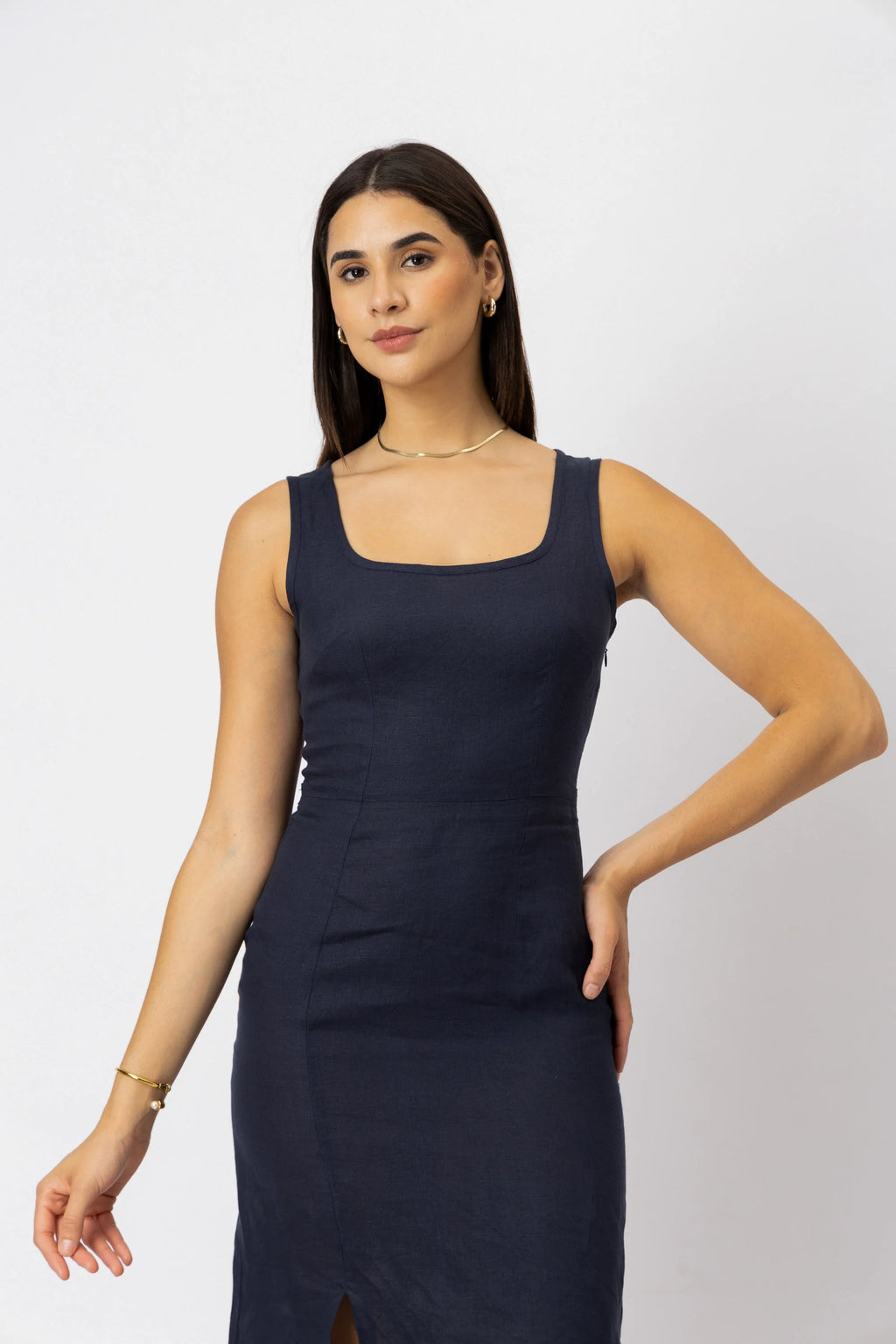 Fitted Square Neck European Linen Midi Dress with Back Tie