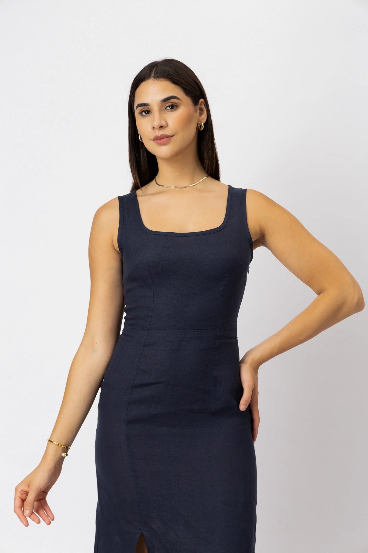 Fitted Square Neck European Linen Midi Dress with Back Tie
